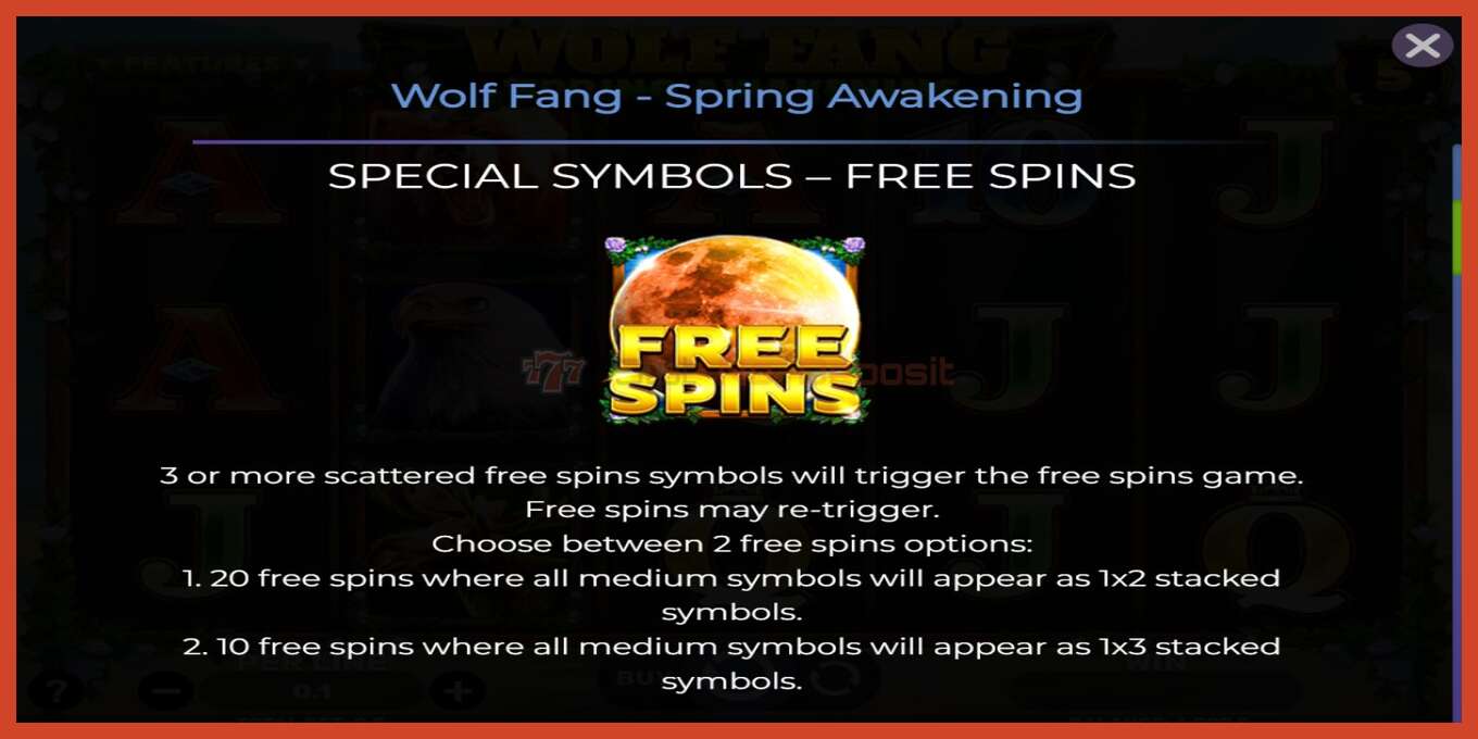 Slot скриншоту: Wolf Fang - Spring Awakening депозит жок, саны - 5