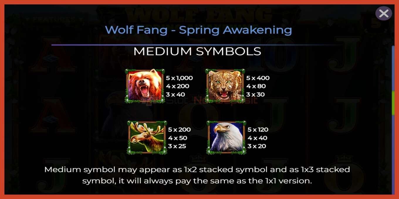 Slot скриншоту: Wolf Fang - Spring Awakening депозит жок, саны - 6