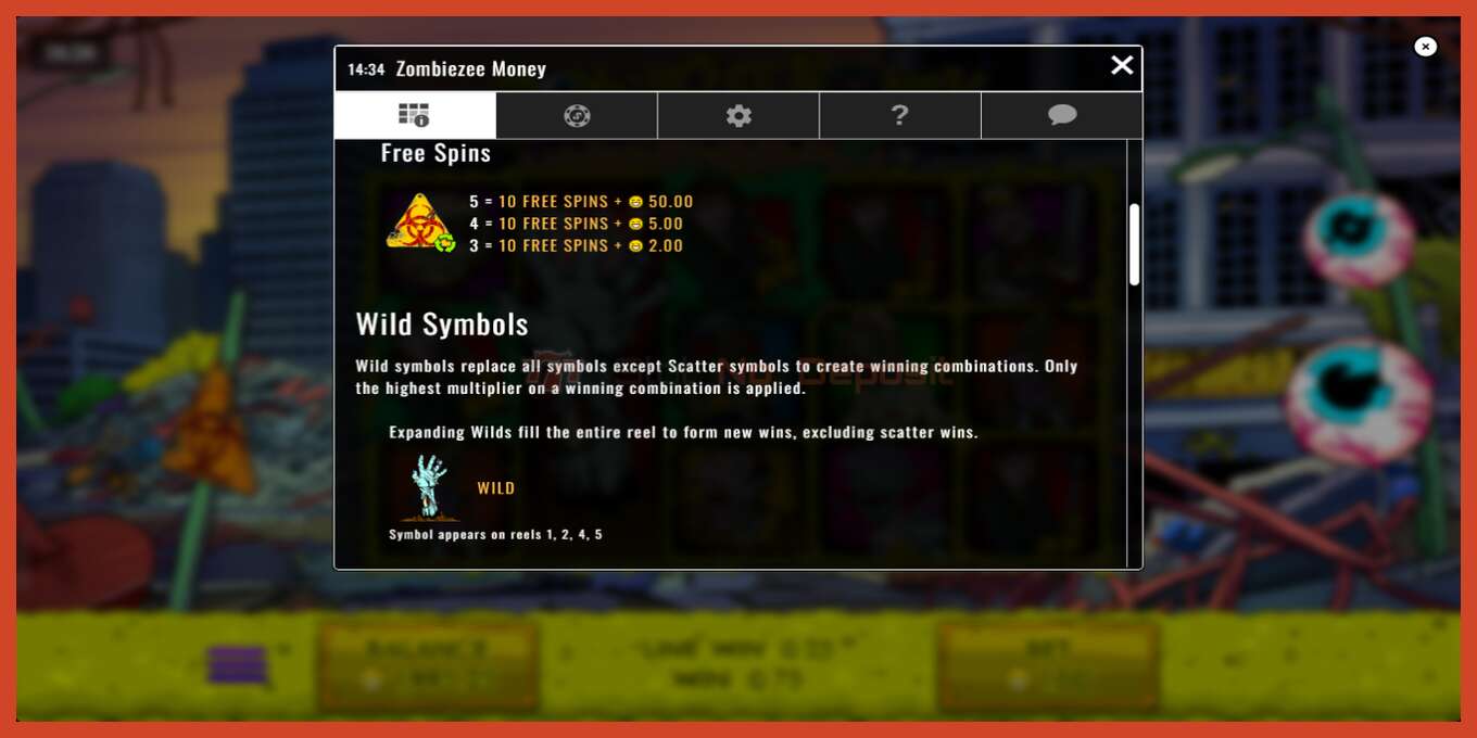 Slot screenshot: Zombiezee Money no deposit, number - 5